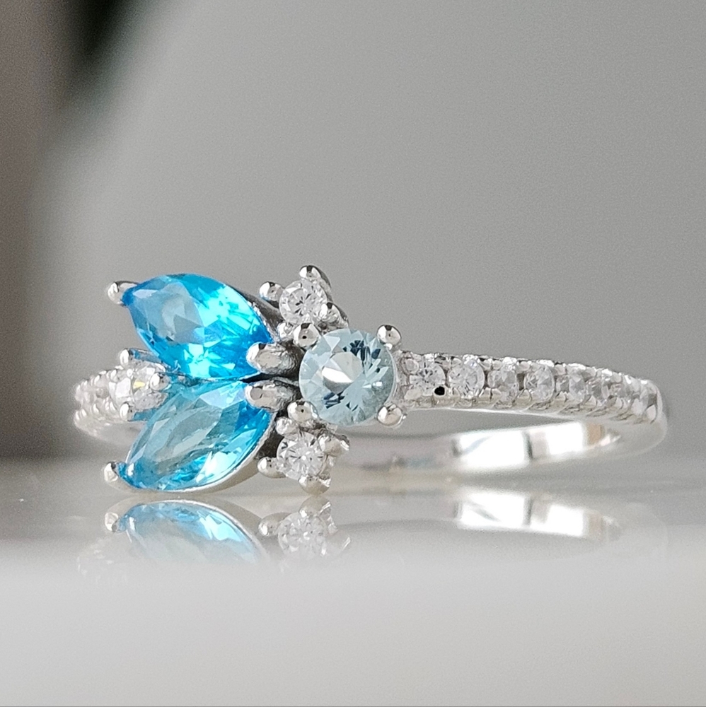 Blue Aquamarine Swarovski crystal ring, 925 Sterling Silver